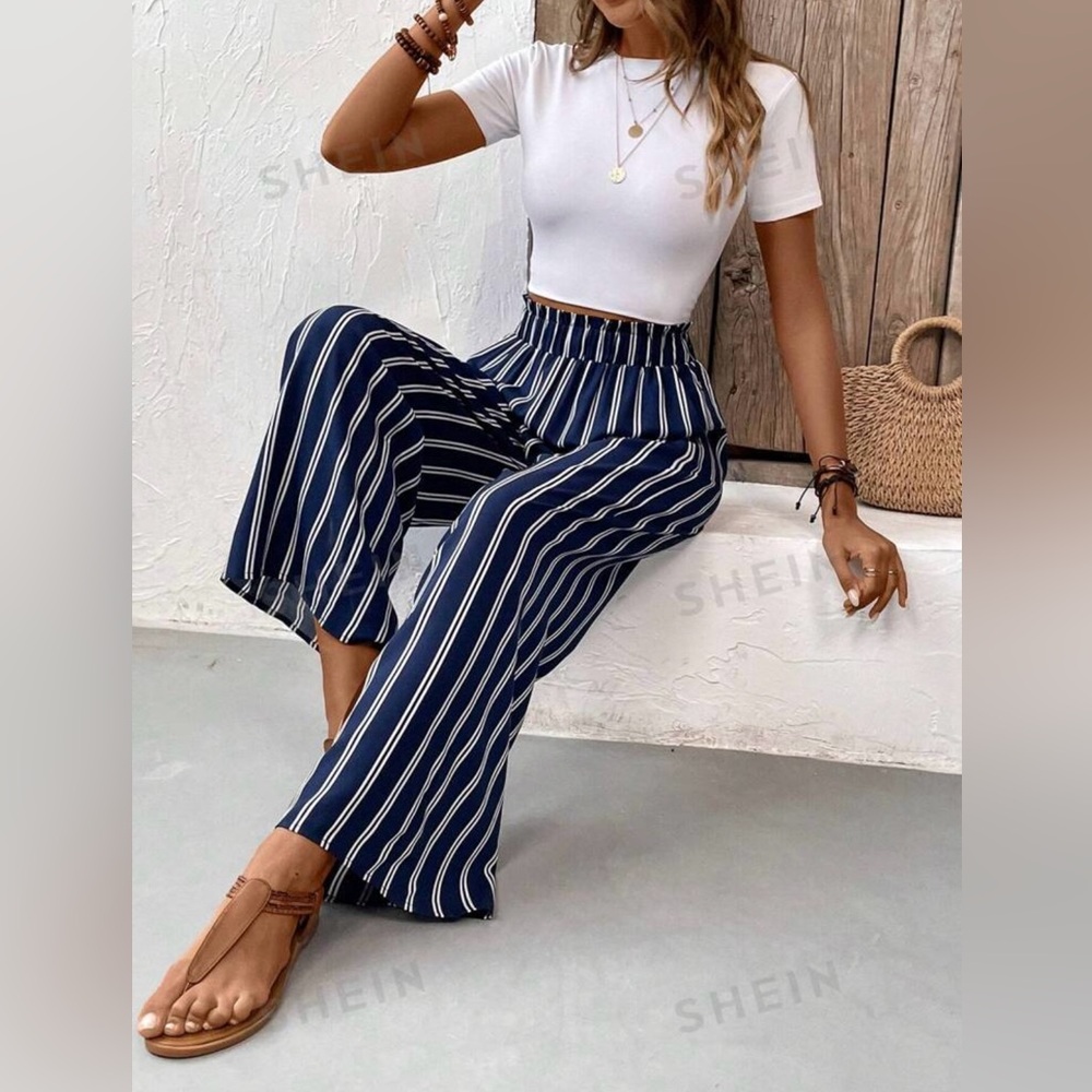 SHEIN VCAY Striped Print Wide Leg Pants - Navy Blue & White